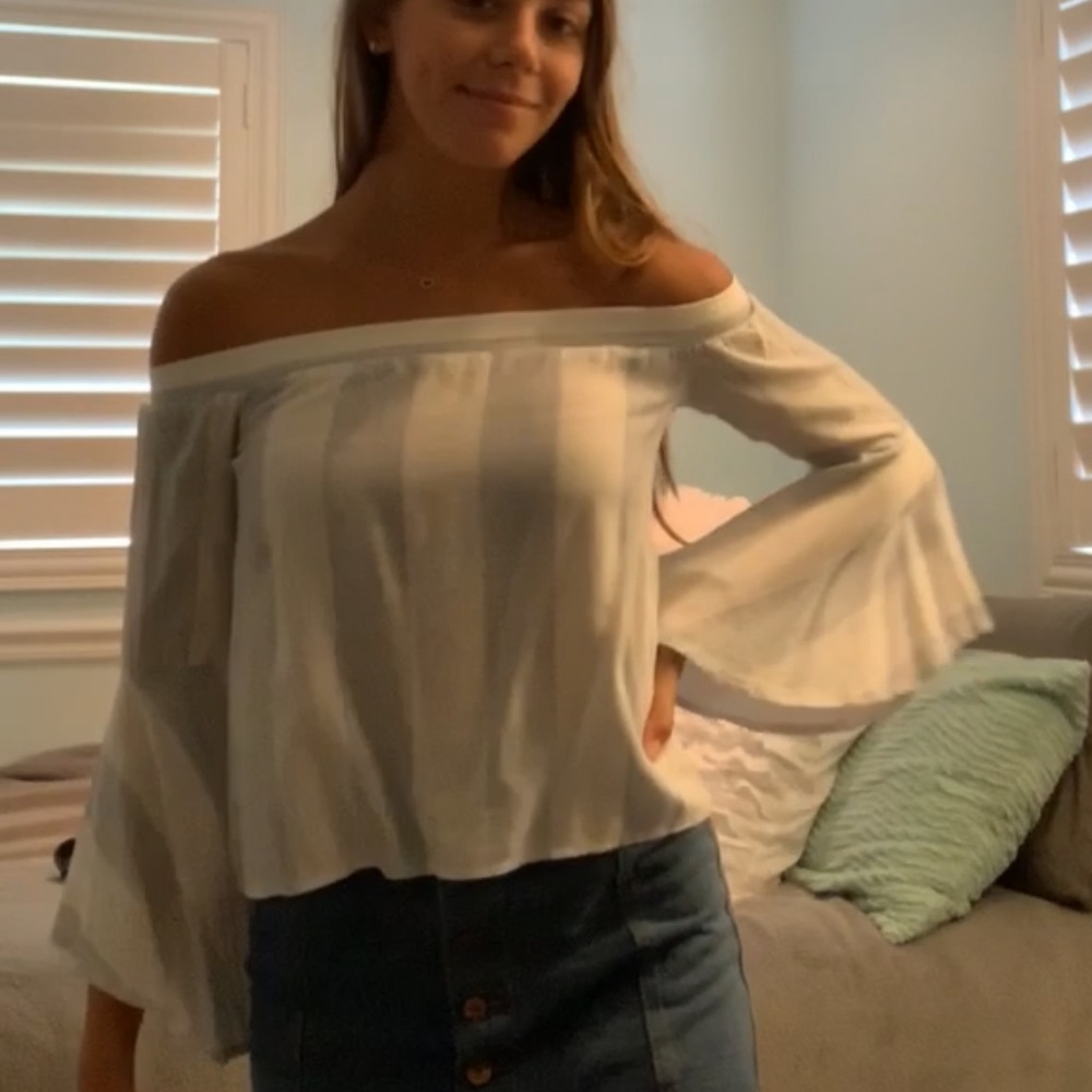 off the shoulder blue and white striped lf top